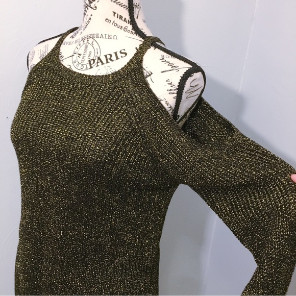 DKNY Cold Shoulder Knit Metallic Sweater Long Sleeve in Black Gold Size Medium - Picture 8 of 14